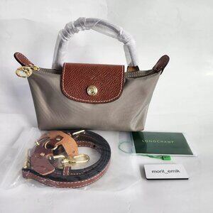 NWT Mini Longchamp Le Pliage Original Gray Pouch Tote Canvas Crossbody Grey XS